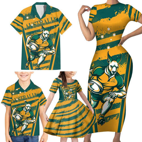 Custom Australia Rugby Family Matching Short Sleeve Bodycon Dress and Hawaiian Shirt Wallabies Mascots Indigenous Aboriginal Version