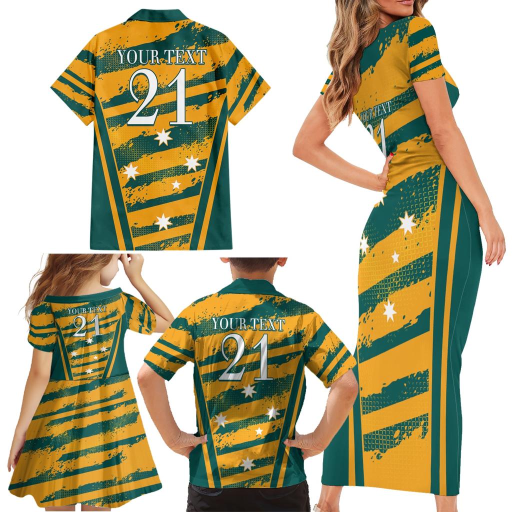Custom Australia Rugby Family Matching Short Sleeve Bodycon Dress and Hawaiian Shirt Wallabies Mascots Indigenous Aboriginal Version