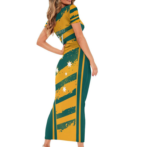 Custom Australia Rugby Family Matching Short Sleeve Bodycon Dress and Hawaiian Shirt Wallabies Mascots Indigenous Aboriginal Version