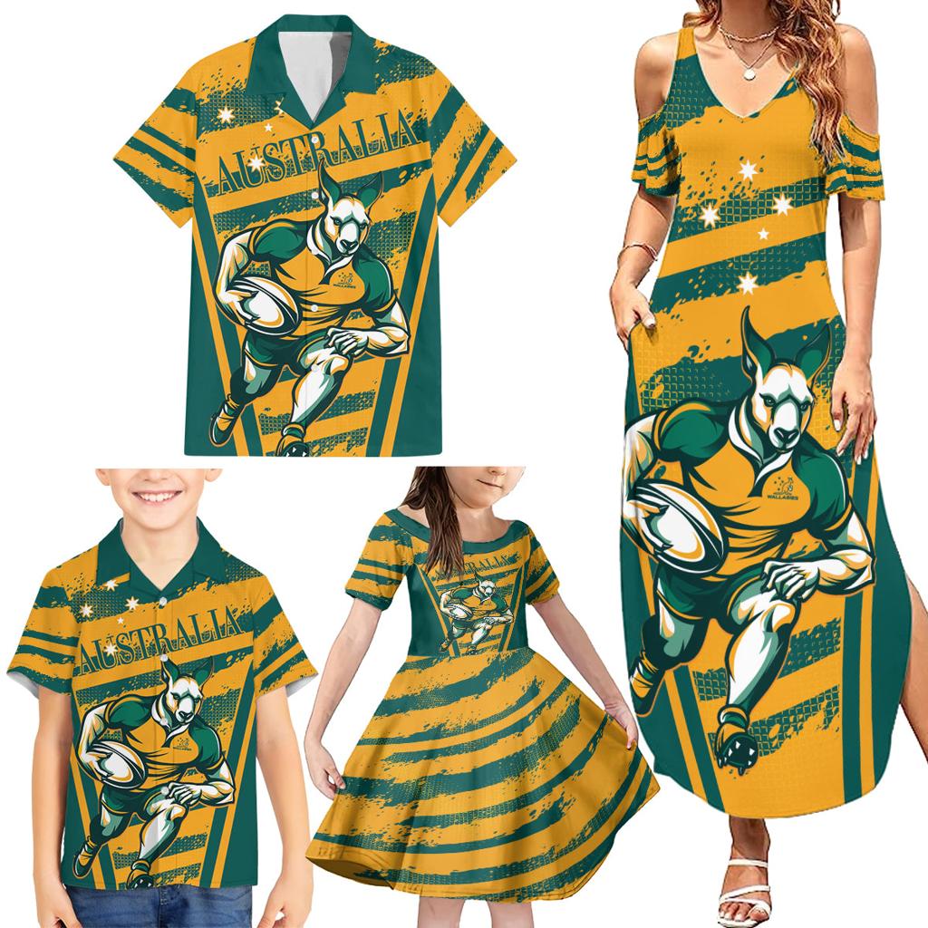 Custom Australia Rugby Family Matching Summer Maxi Dress and Hawaiian Shirt Wallabies Mascots Indigenous Aboriginal Version