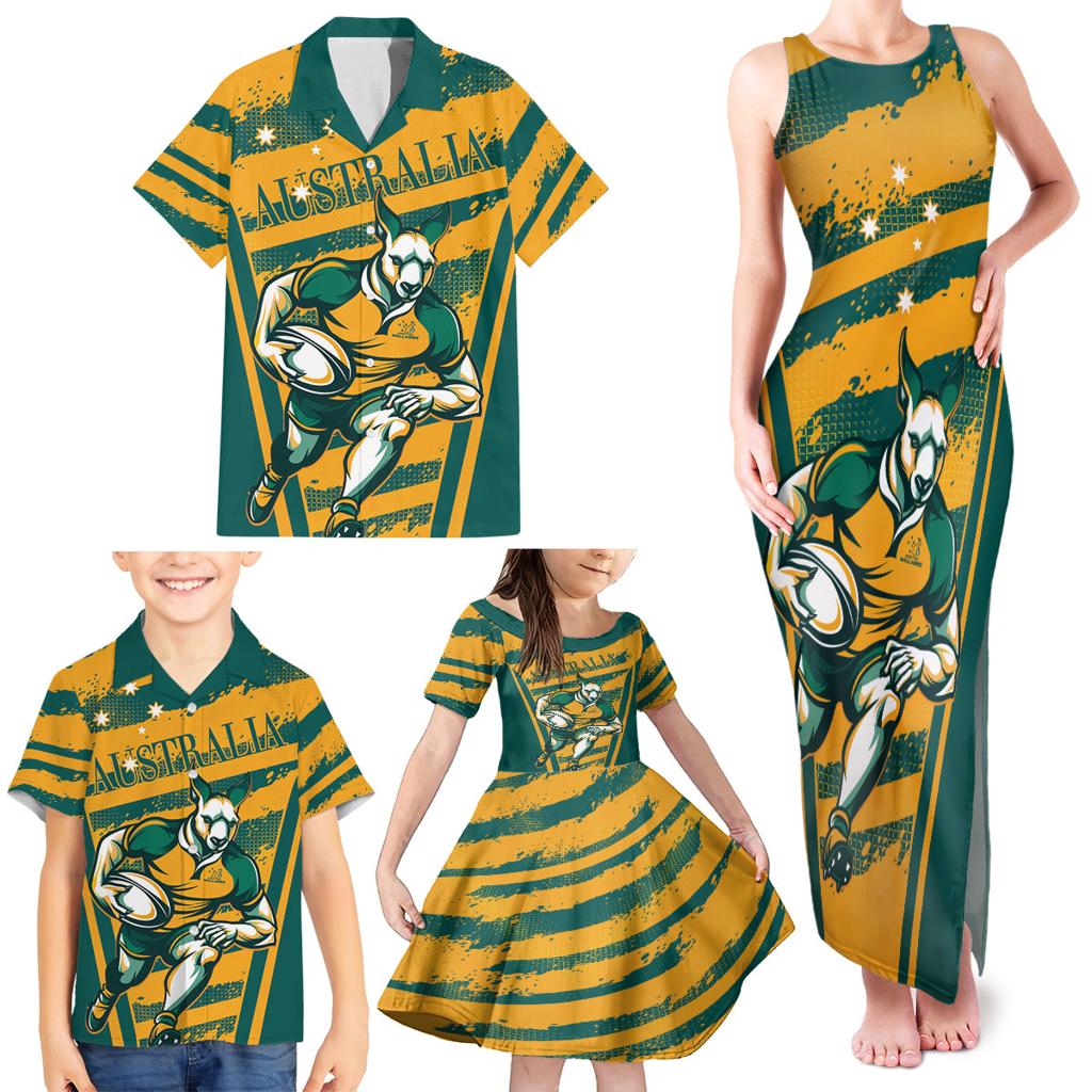 Custom Australia Rugby Family Matching Tank Maxi Dress and Hawaiian Shirt Wallabies Mascots Indigenous Aboriginal Version