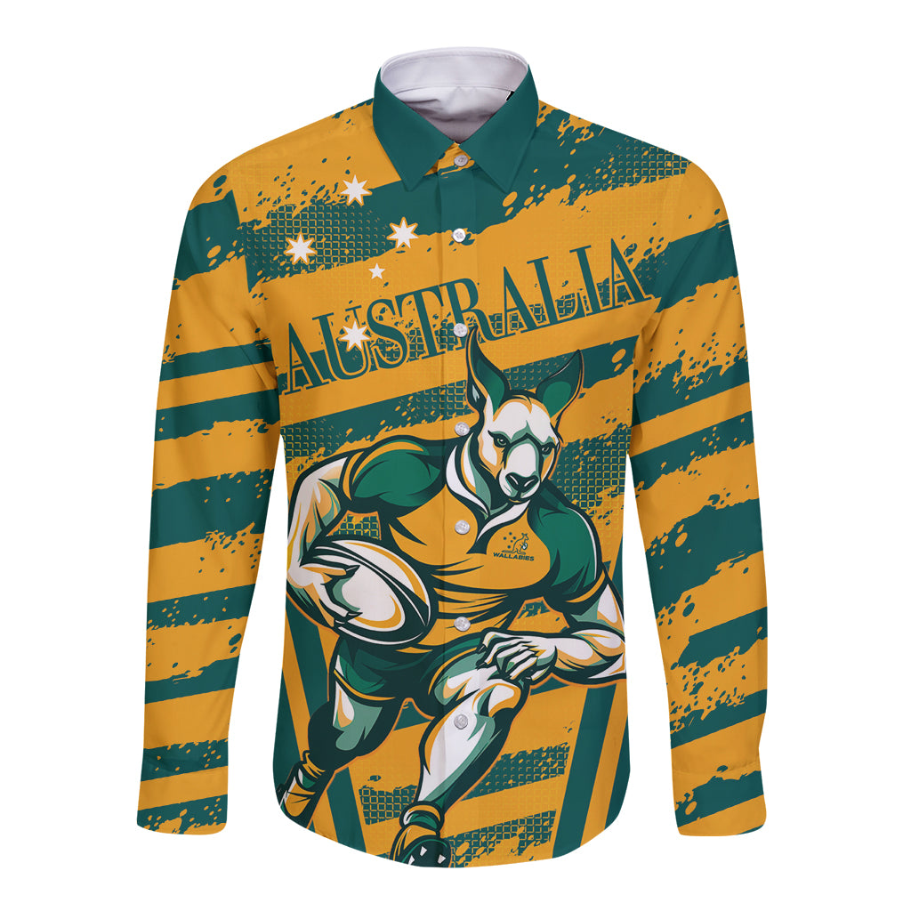Custom Australia Rugby Long Sleeve Button Shirt Wallabies Mascots Indigenous Aboriginal Version