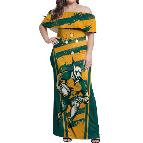 Custom Australia Rugby Off Shoulder Maxi Dress Wallabies Mascots Indigenous Aboriginal Version