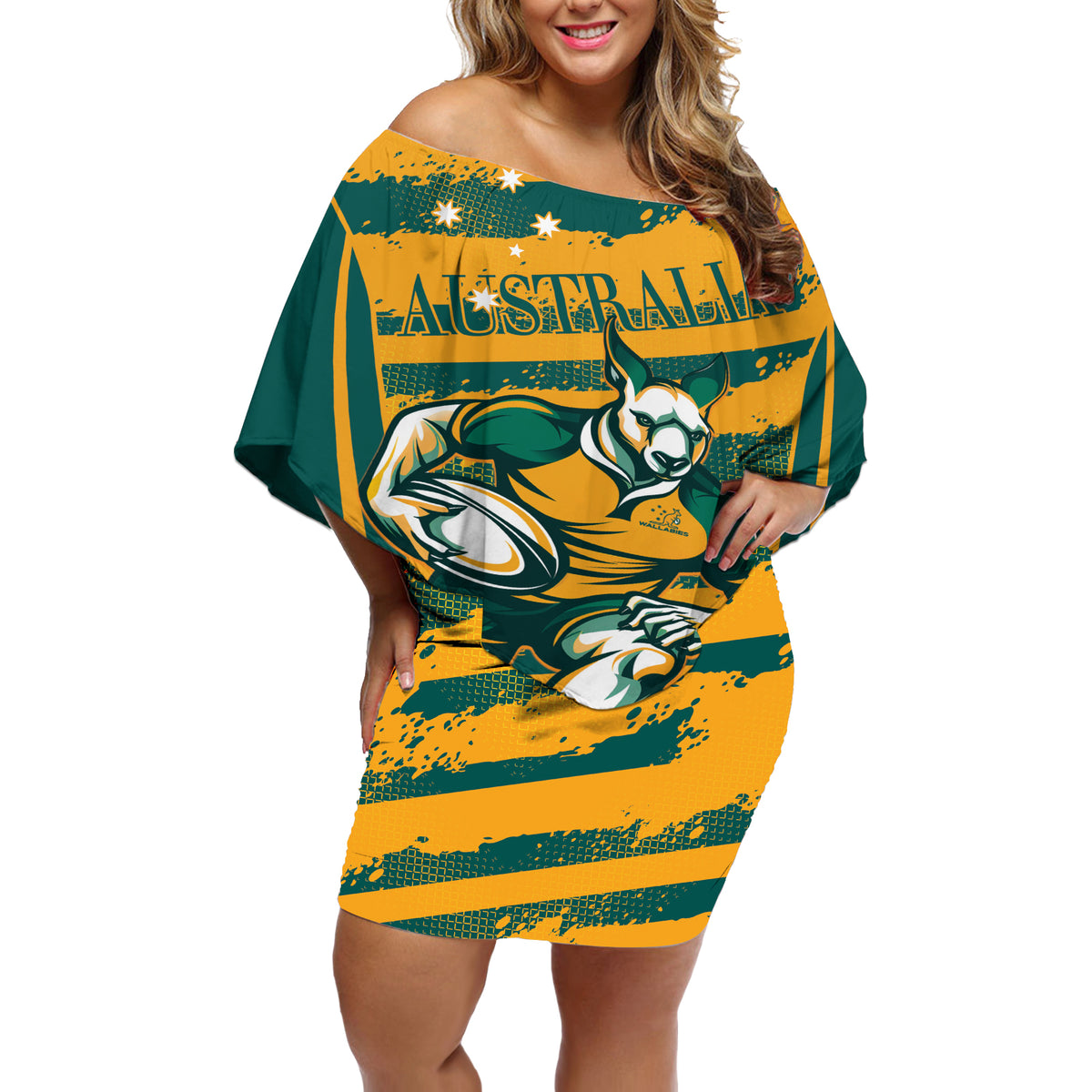 Custom Australia Rugby Off Shoulder Short Dress Wallabies Mascots Indigenous Aboriginal Version