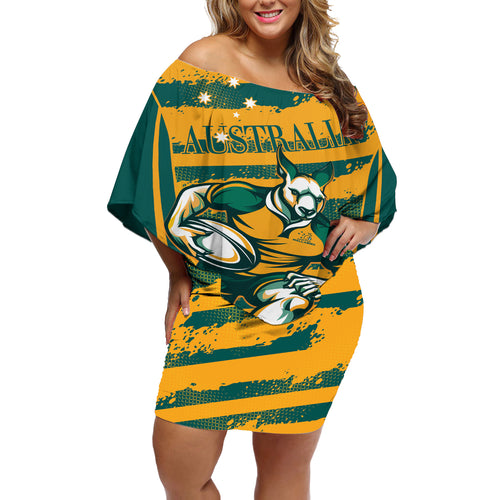Custom Australia Rugby Off Shoulder Short Dress Wallabies Mascots Indigenous Aboriginal Version