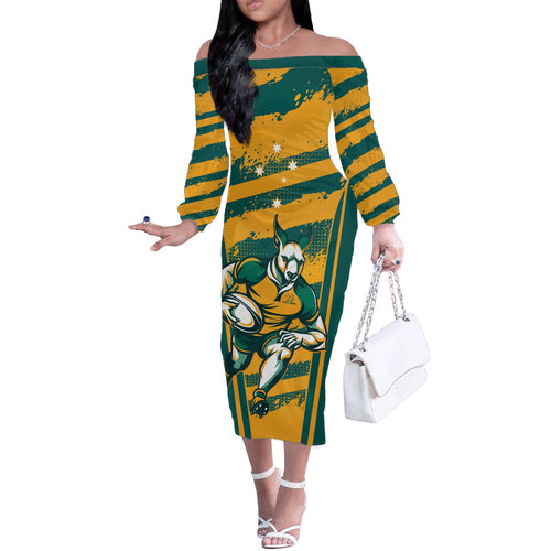Custom Australia Rugby Off The Shoulder Long Sleeve Dress Wallabies Mascots Indigenous Aboriginal Version