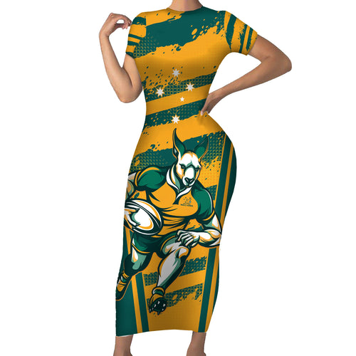 Custom Australia Rugby Short Sleeve Bodycon Dress Wallabies Mascots Indigenous Aboriginal Version