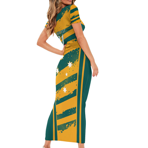 Custom Australia Rugby Short Sleeve Bodycon Dress Wallabies Mascots Indigenous Aboriginal Version