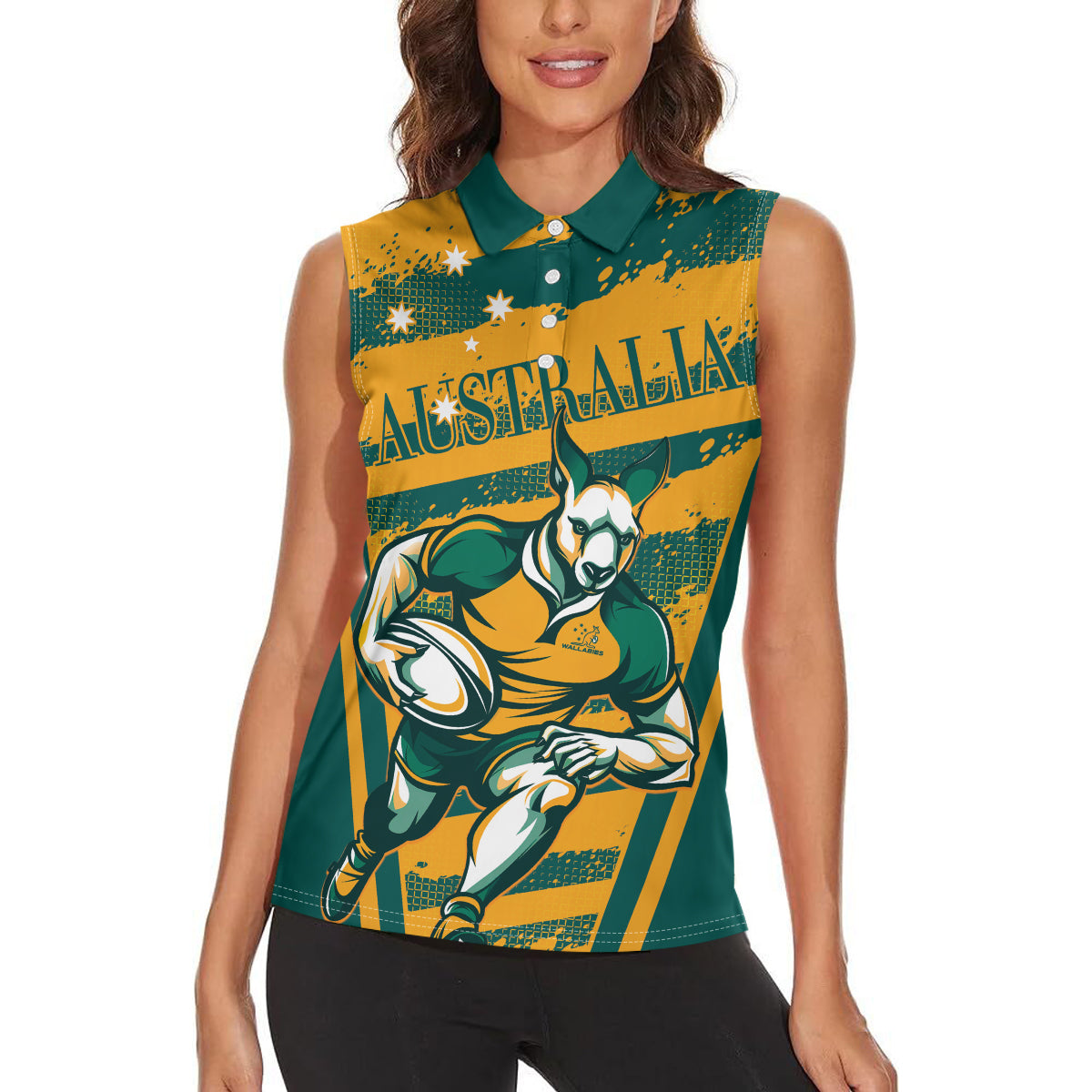 Custom Australia Rugby Women Sleeveless Polo Shirt Wallabies Mascots Indigenous Aboriginal Version