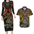 Maori Hei Tiki Tribal Tattoo Couples Matching Long Sleeve Bodycon Dress and Hawaiian Shirt