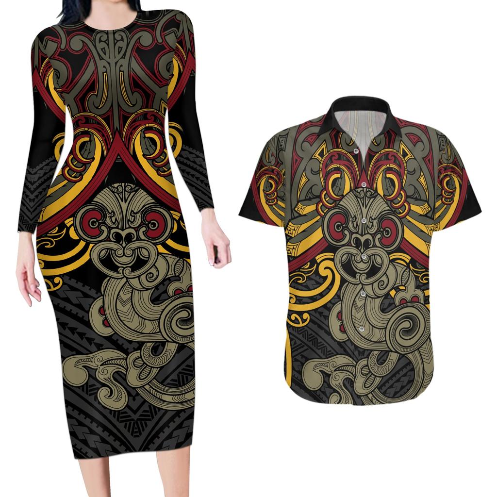 Maori Hei Tiki Tribal Tattoo Couples Matching Long Sleeve Bodycon Dress and Hawaiian Shirt