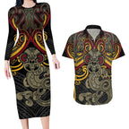 Maori Hei Tiki Tribal Tattoo Couples Matching Long Sleeve Bodycon Dress and Hawaiian Shirt