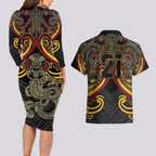 Maori Hei Tiki Tribal Tattoo Couples Matching Long Sleeve Bodycon Dress and Hawaiian Shirt