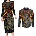 Maori Hei Tiki Tribal Tattoo Couples Matching Long Sleeve Bodycon Dress and Long Sleeve Button Shirt