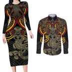 Maori Hei Tiki Tribal Tattoo Couples Matching Long Sleeve Bodycon Dress and Long Sleeve Button Shirt