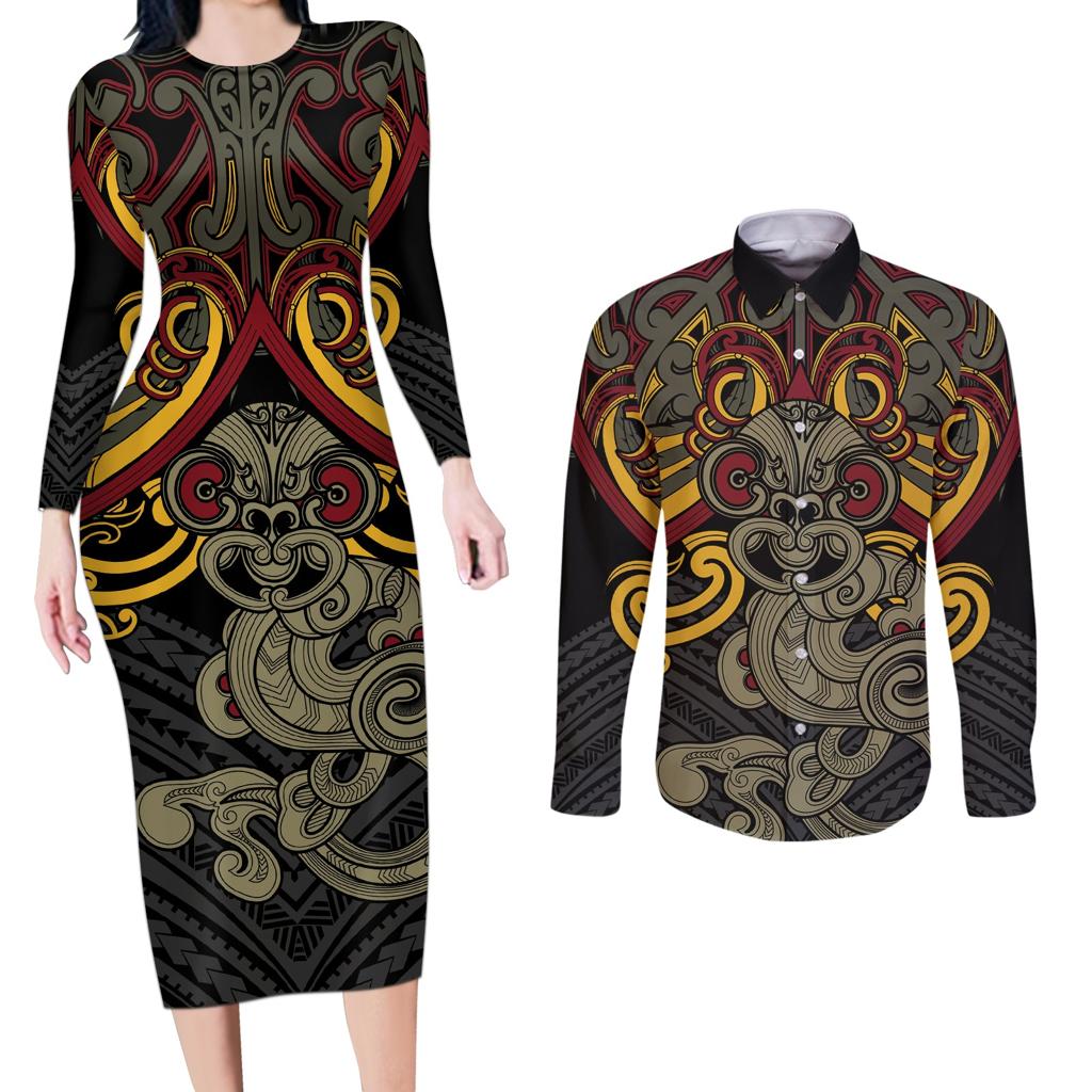 Maori Hei Tiki Tribal Tattoo Couples Matching Long Sleeve Bodycon Dress and Long Sleeve Button Shirt