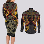 Maori Hei Tiki Tribal Tattoo Couples Matching Long Sleeve Bodycon Dress and Long Sleeve Button Shirt