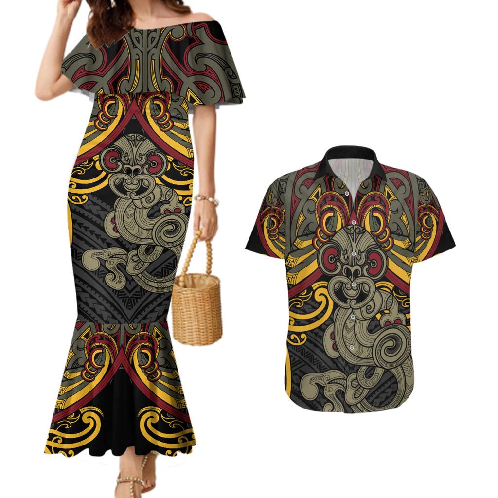 Maori Hei Tiki Tribal Tattoo Couples Matching Mermaid Dress and Hawaiian Shirt