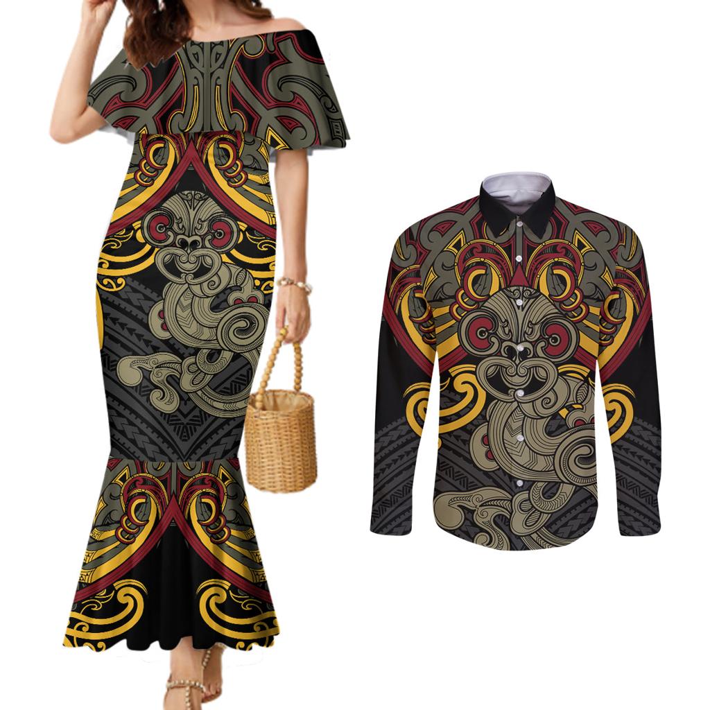 Maori Hei Tiki Tribal Tattoo Couples Matching Mermaid Dress and Long Sleeve Button Shirt