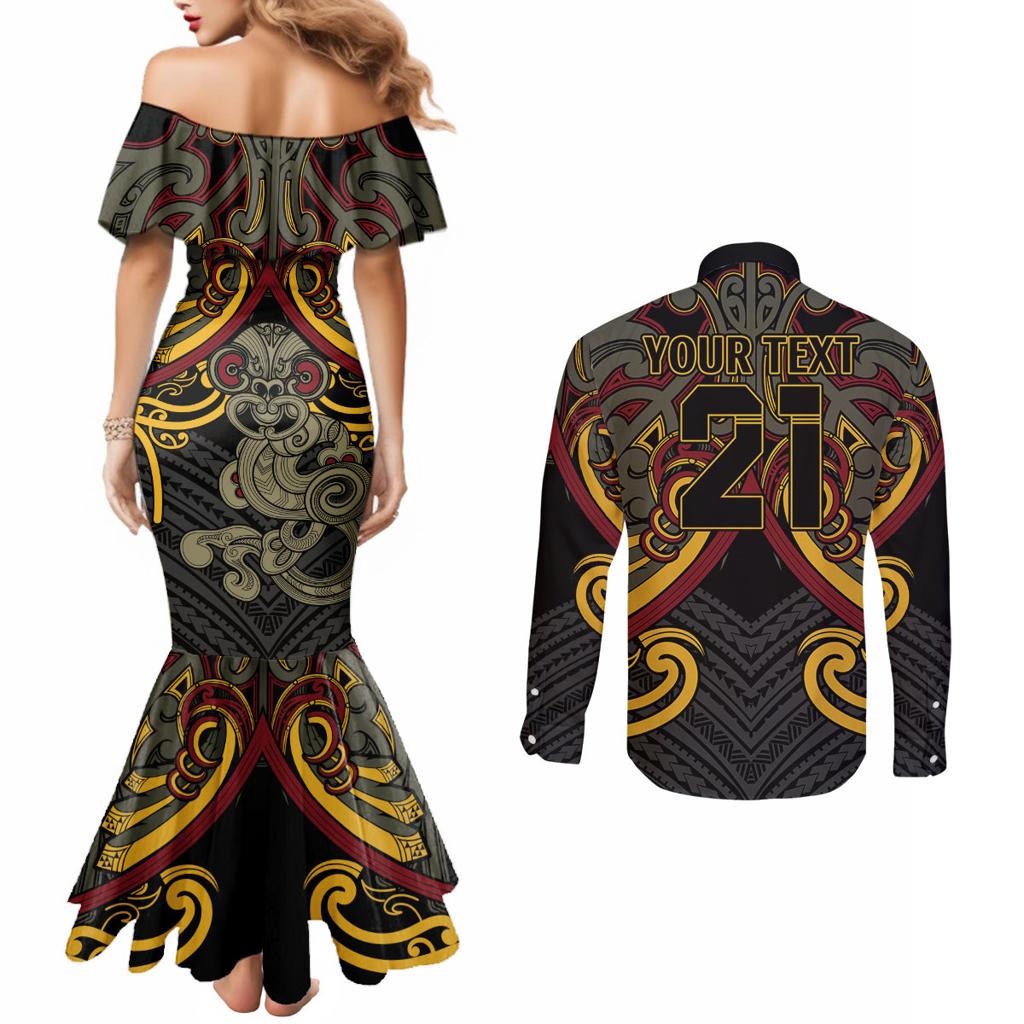 Maori Hei Tiki Tribal Tattoo Couples Matching Mermaid Dress and Long Sleeve Button Shirt