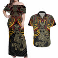 Maori Hei Tiki Tribal Tattoo Couples Matching Off Shoulder Maxi Dress and Hawaiian Shirt