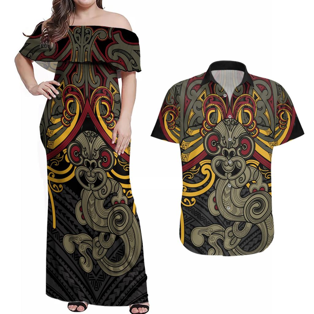 Maori Hei Tiki Tribal Tattoo Couples Matching Off Shoulder Maxi Dress and Hawaiian Shirt