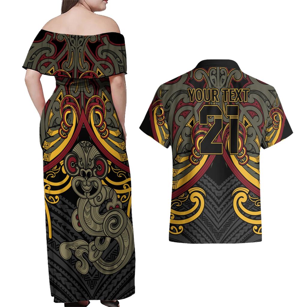 Maori Hei Tiki Tribal Tattoo Couples Matching Off Shoulder Maxi Dress and Hawaiian Shirt