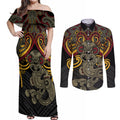 Maori Hei Tiki Tribal Tattoo Couples Matching Off Shoulder Maxi Dress and Long Sleeve Button Shirt
