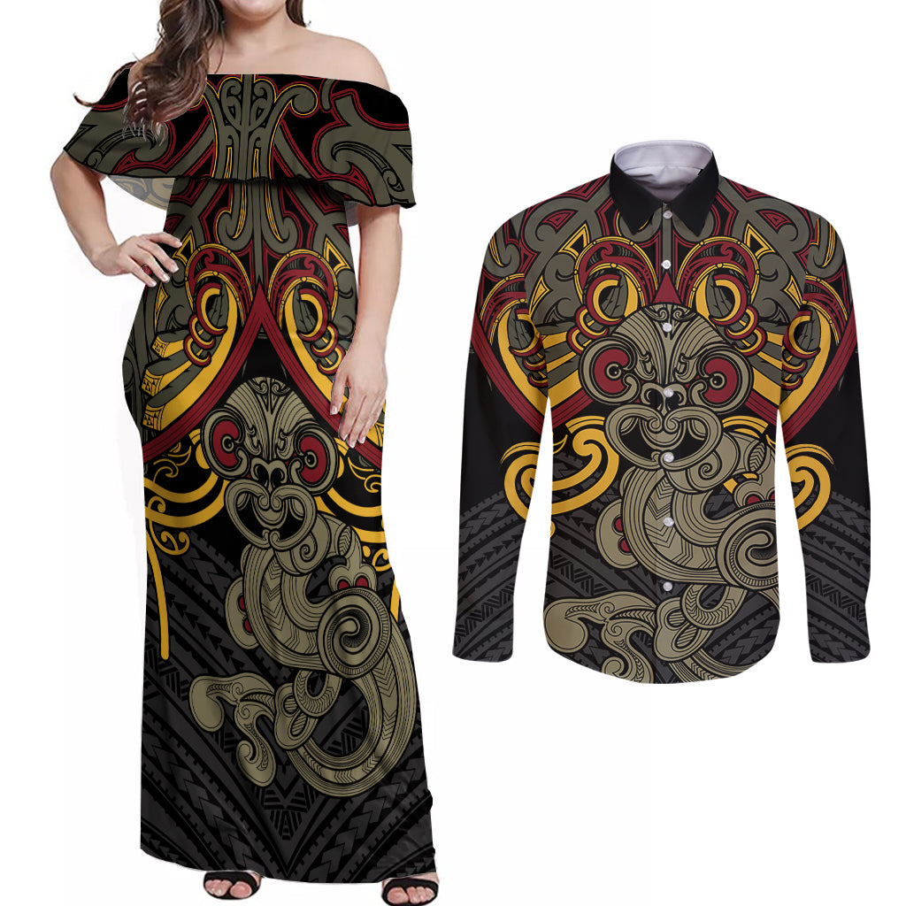 Maori Hei Tiki Tribal Tattoo Couples Matching Off Shoulder Maxi Dress and Long Sleeve Button Shirt