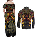 Maori Hei Tiki Tribal Tattoo Couples Matching Off Shoulder Maxi Dress and Long Sleeve Button Shirt