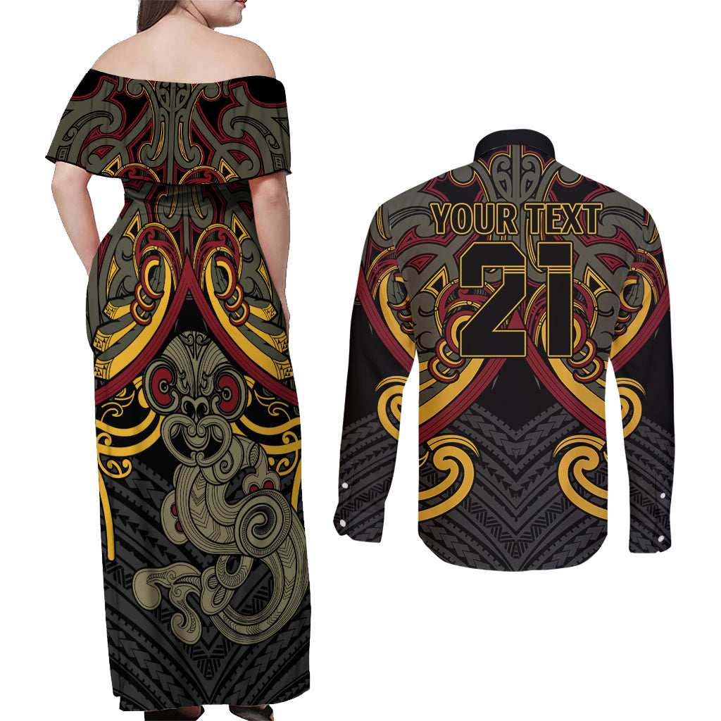 Maori Hei Tiki Tribal Tattoo Couples Matching Off Shoulder Maxi Dress and Long Sleeve Button Shirt
