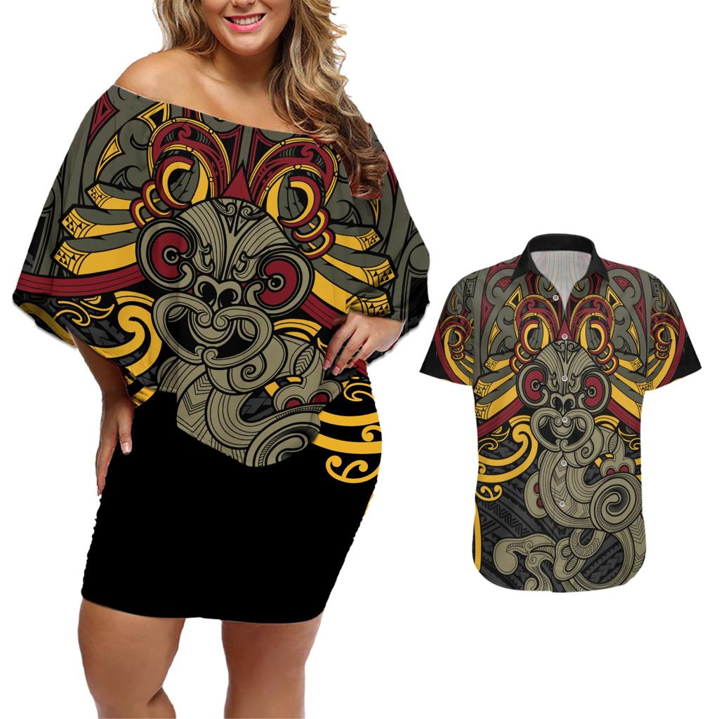 Maori Hei Tiki Tribal Tattoo Couples Matching Off Shoulder Short Dress and Hawaiian Shirt