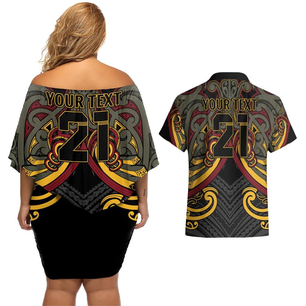 Maori Hei Tiki Tribal Tattoo Couples Matching Off Shoulder Short Dress and Hawaiian Shirt