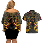 Maori Hei Tiki Tribal Tattoo Couples Matching Off Shoulder Short Dress and Hawaiian Shirt