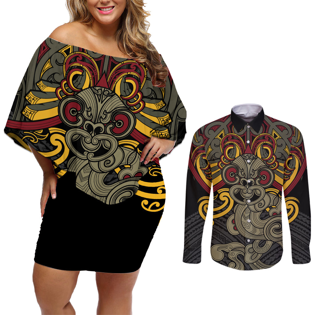 Maori Hei Tiki Tribal Tattoo Couples Matching Off Shoulder Short Dress and Long Sleeve Button Shirt