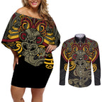 Maori Hei Tiki Tribal Tattoo Couples Matching Off Shoulder Short Dress and Long Sleeve Button Shirt