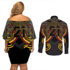 Maori Hei Tiki Tribal Tattoo Couples Matching Off Shoulder Short Dress and Long Sleeve Button Shirt
