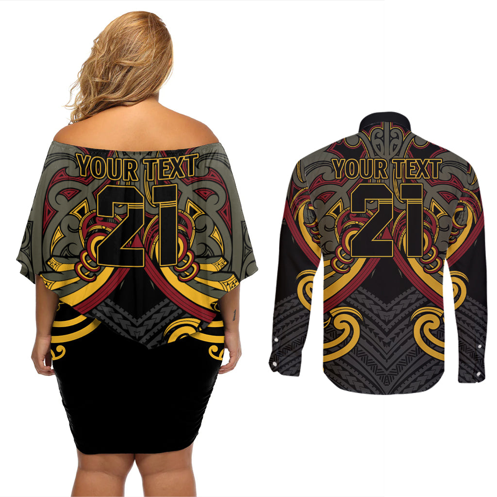 Maori Hei Tiki Tribal Tattoo Couples Matching Off Shoulder Short Dress and Long Sleeve Button Shirt