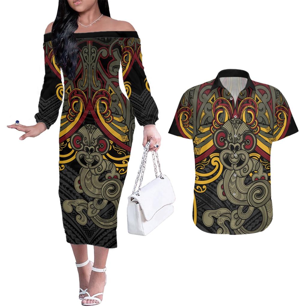 Maori Hei Tiki Tribal Tattoo Couples Matching Off The Shoulder Long Sleeve Dress and Hawaiian Shirt