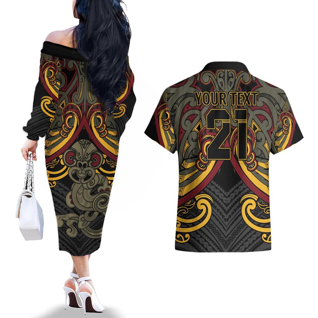 Maori Hei Tiki Tribal Tattoo Couples Matching Off The Shoulder Long Sleeve Dress and Hawaiian Shirt