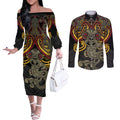 Maori Hei Tiki Tribal Tattoo Couples Matching Off The Shoulder Long Sleeve Dress and Long Sleeve Button Shirt