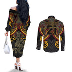 Maori Hei Tiki Tribal Tattoo Couples Matching Off The Shoulder Long Sleeve Dress and Long Sleeve Button Shirt