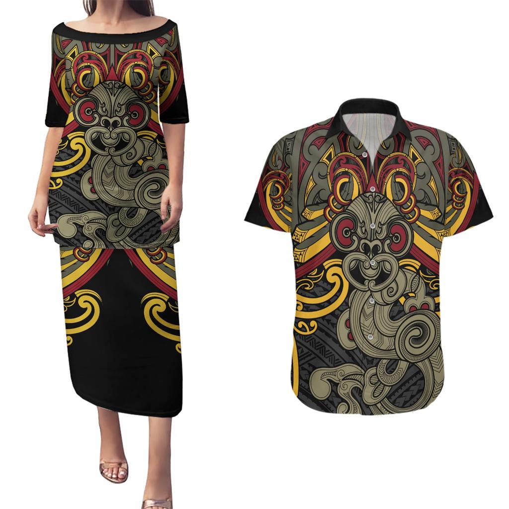 Maori Hei Tiki Tribal Tattoo Couples Matching Puletasi and Hawaiian Shirt