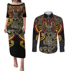 Maori Hei Tiki Tribal Tattoo Couples Matching Puletasi and Long Sleeve Button Shirt