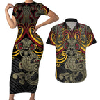 Maori Hei Tiki Tribal Tattoo Couples Matching Short Sleeve Bodycon Dress and Hawaiian Shirt
