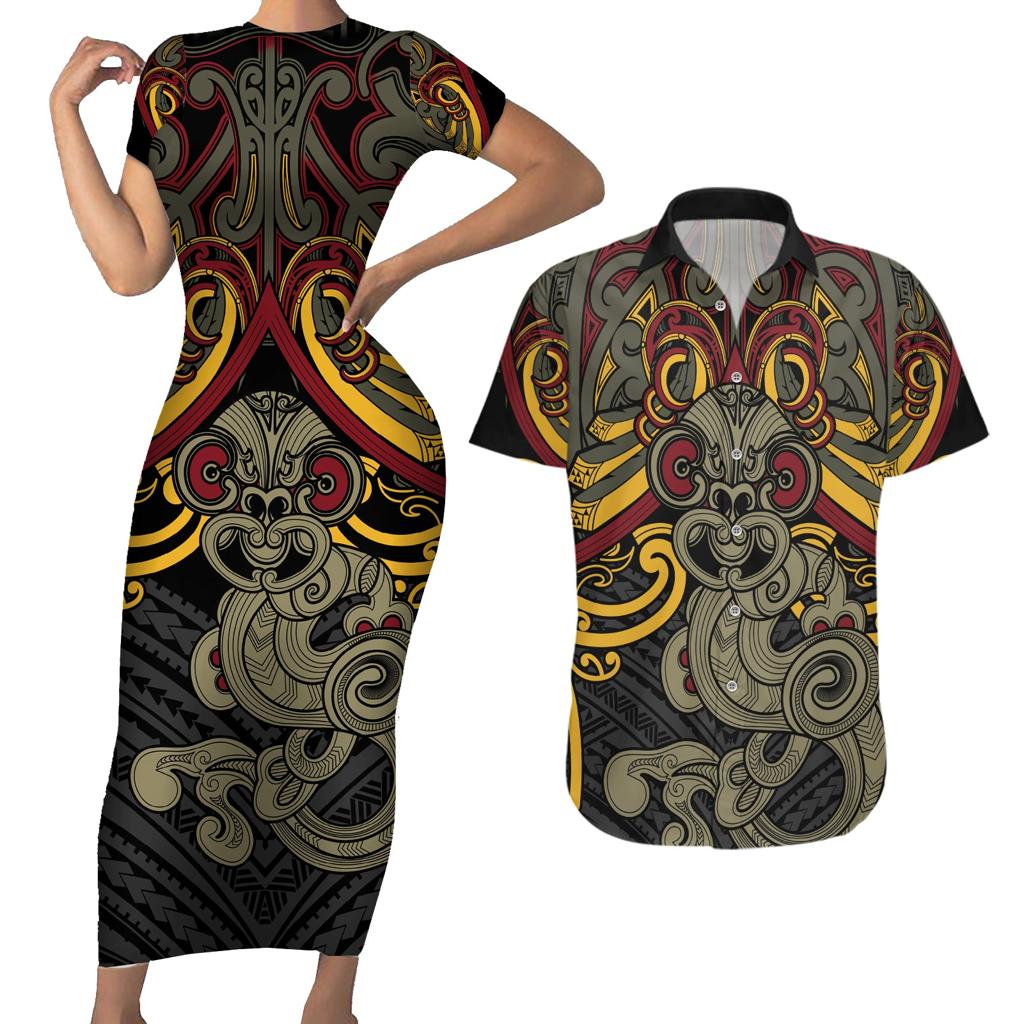 Maori Hei Tiki Tribal Tattoo Couples Matching Short Sleeve Bodycon Dress and Hawaiian Shirt