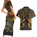 Maori Hei Tiki Tribal Tattoo Couples Matching Short Sleeve Bodycon Dress and Hawaiian Shirt