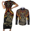 Maori Hei Tiki Tribal Tattoo Couples Matching Short Sleeve Bodycon Dress and Long Sleeve Button Shirt
