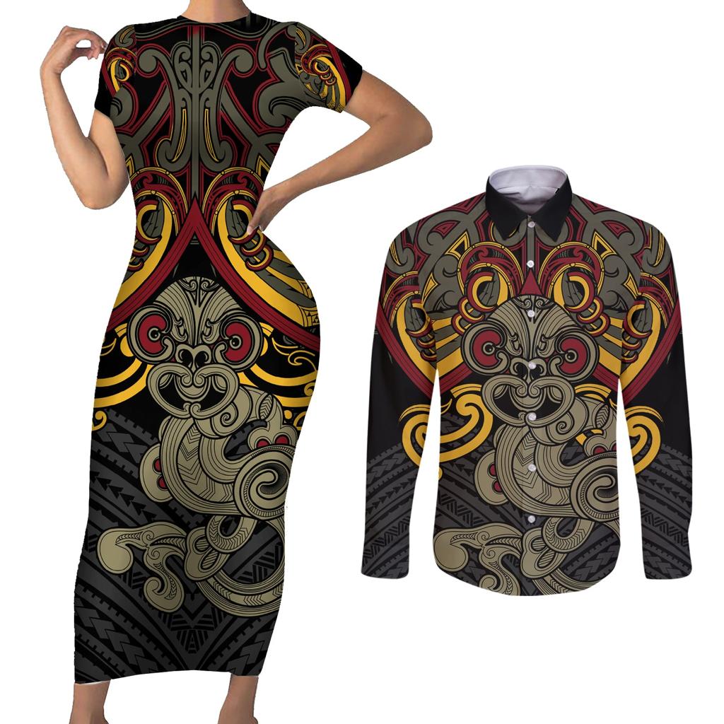 Maori Hei Tiki Tribal Tattoo Couples Matching Short Sleeve Bodycon Dress and Long Sleeve Button Shirt