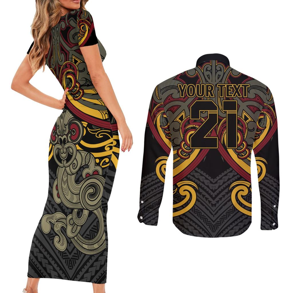 Maori Hei Tiki Tribal Tattoo Couples Matching Short Sleeve Bodycon Dress and Long Sleeve Button Shirt
